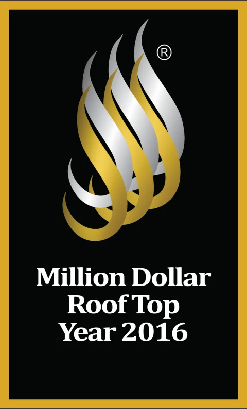 NREA Million Dollar Roof Top Year 2016 badge, gold flame on black