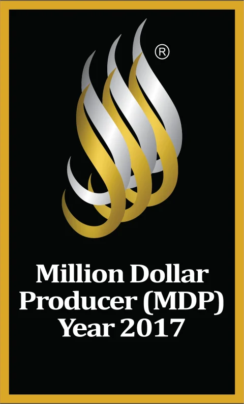 NREA Million Dollar Producer 2017 badge, gold flame on black