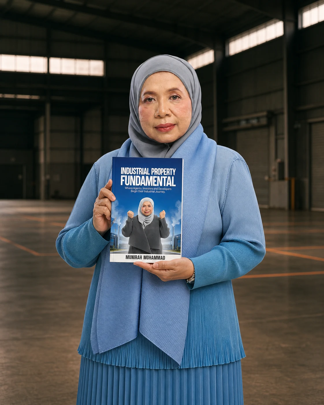 Munirah Mohammad holding Industrial Property Fundamental inside a warehouse
