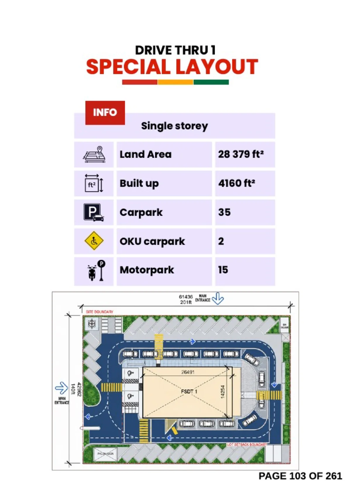 Book page with a measured drive-thru site plan: 28,379 square feet of land, 4,160 square feet built up, 35 car park bays